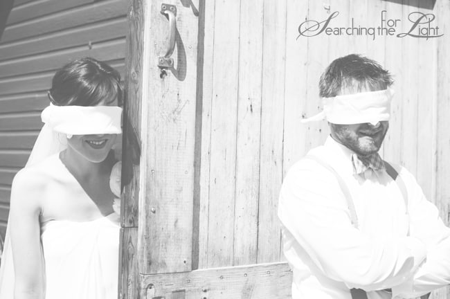 Denver Vintage Wedding Photographer blind fold first look Photo