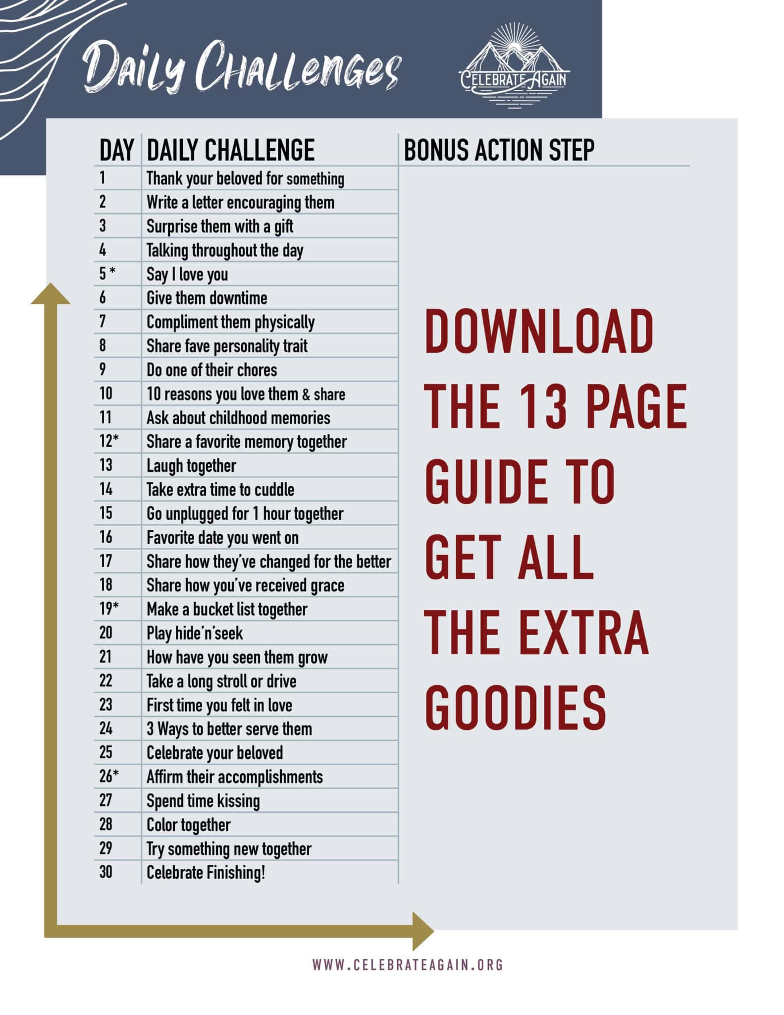 30 day relationship challenge for romance and intimacy for couples ideas listed on on a sheet with text that say s"download the 13 page guide to get all the extra goodies"