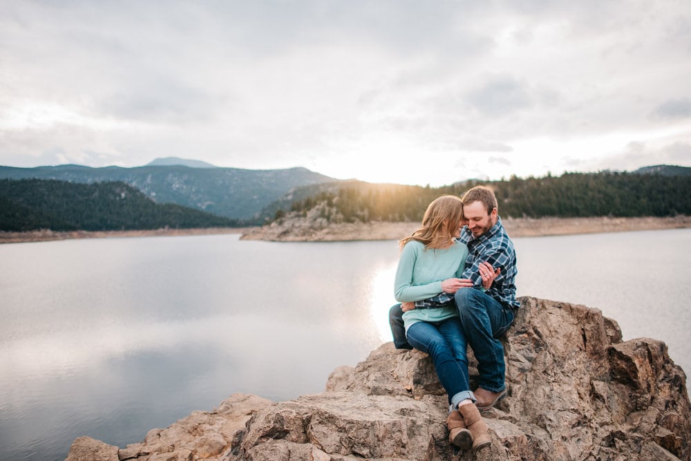 couple at gross lake reservoir outside of Boulder Colorado a good place for an alpine lake elopement or wedding
