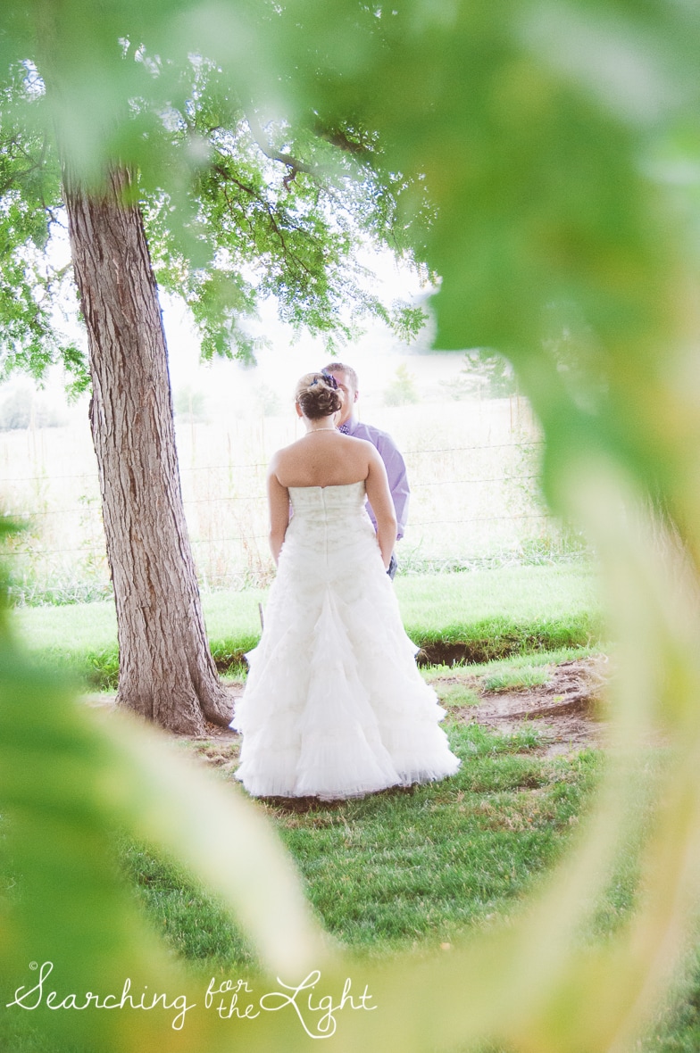 bride and groom first look at Shupe Homestead Wedding Photo by Denver Wedding Photographer