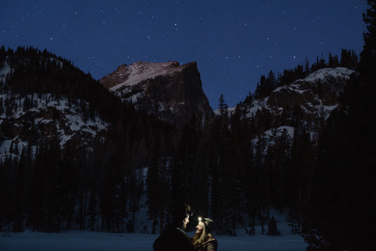 Couple in headlamps before sunrise