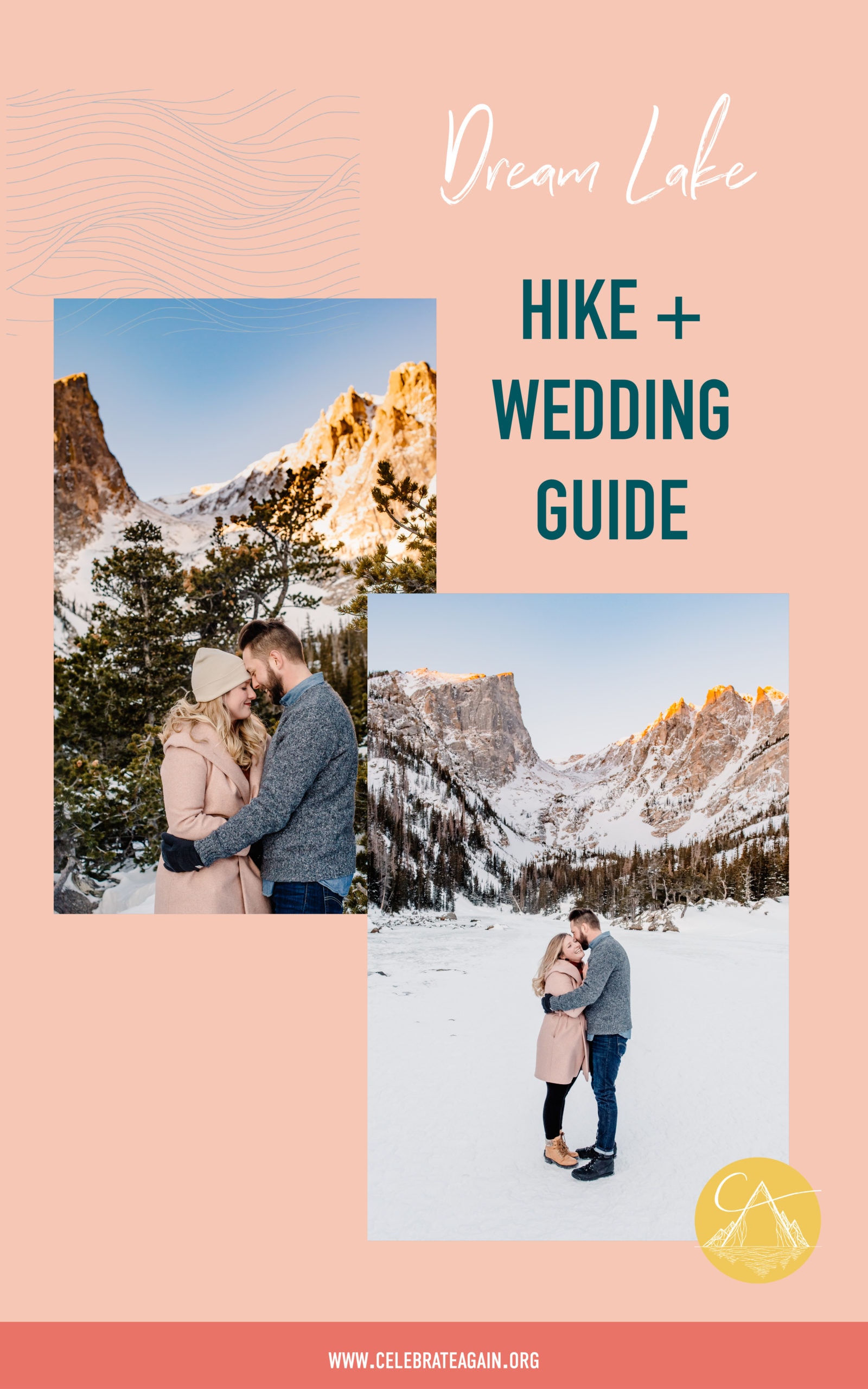 dream lake hike and wedding guide with images of couple at dream lake at sunrise