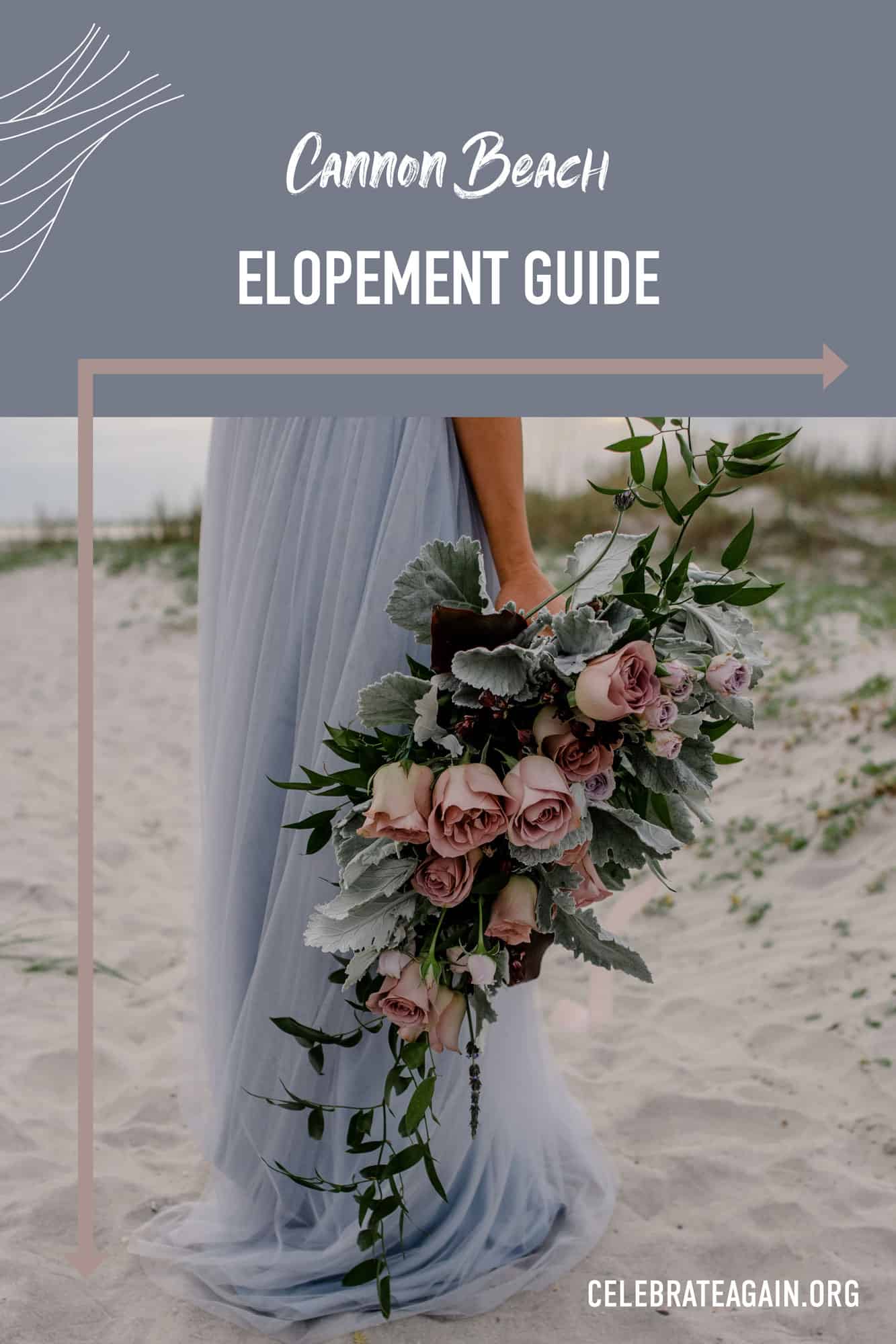 Text at top of photo "cannon beach elopement guide" with wave lines in the left hand corner and arrows framing a photo of a bride holding her flowers down as they drape with her blue wedding dress