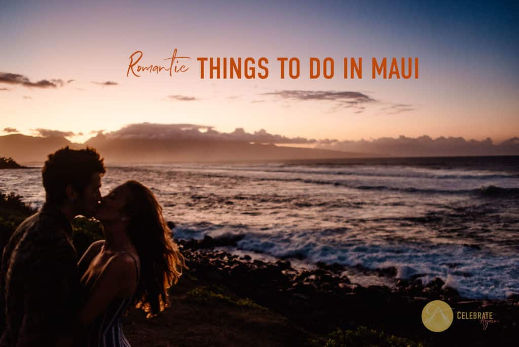 couple having a romantic time together at sunset as they followed our romantic things to do in maui guide and are kissing as the sunsets behind the Iao Valley on Maui
