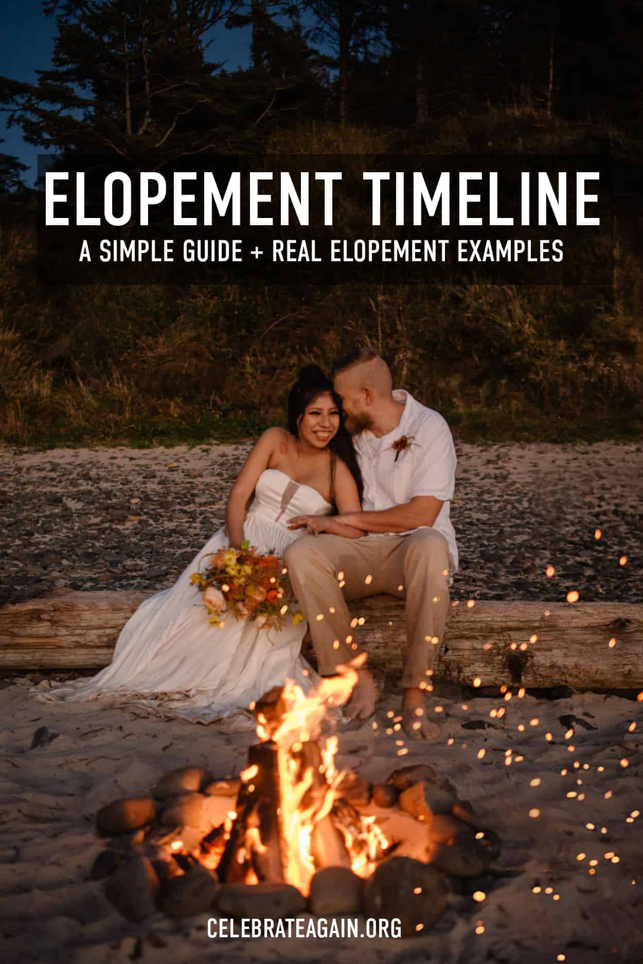 Elopement timeline a simple guide + real example as couple cuddles near a beach fire after eloping