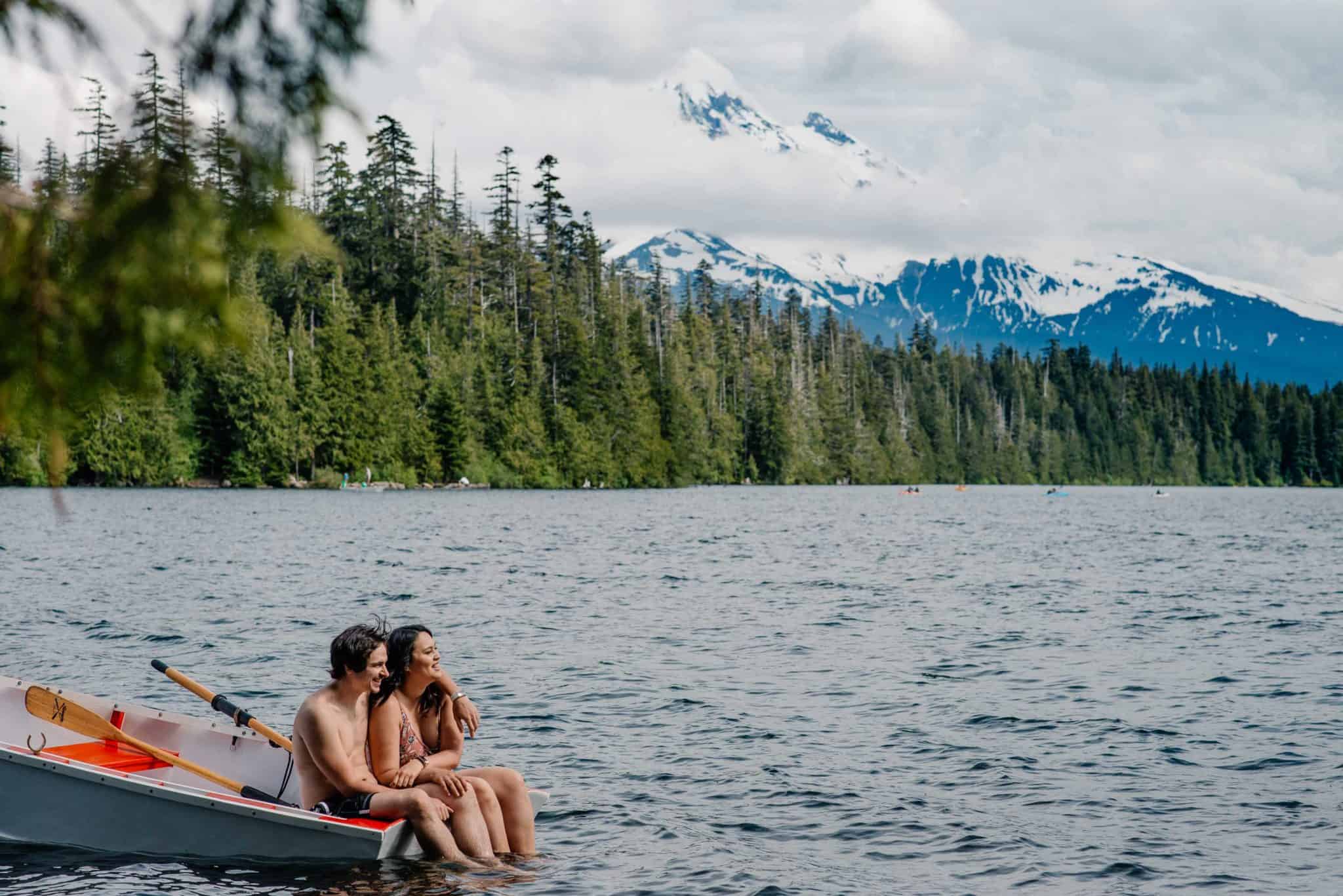 couple in a boat on an alpine lake