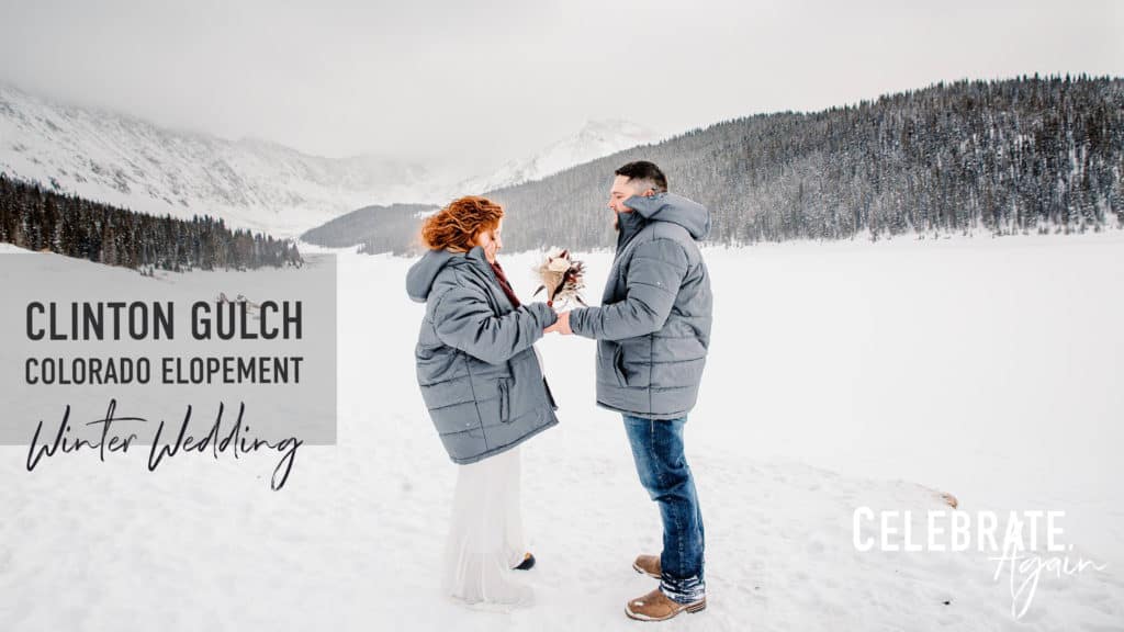 "Clinton Gulch Dam Reservoir Winter Mountain Wedding Colorado" photo of a couple exchanging vows in winter coats on a wintery day in the mountains of Colorado