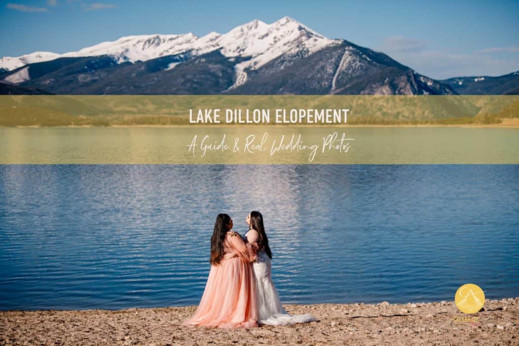 "Lake Dillon elopement guide and real wedding photos" couple standing on the edge of Lake Dillon Marina