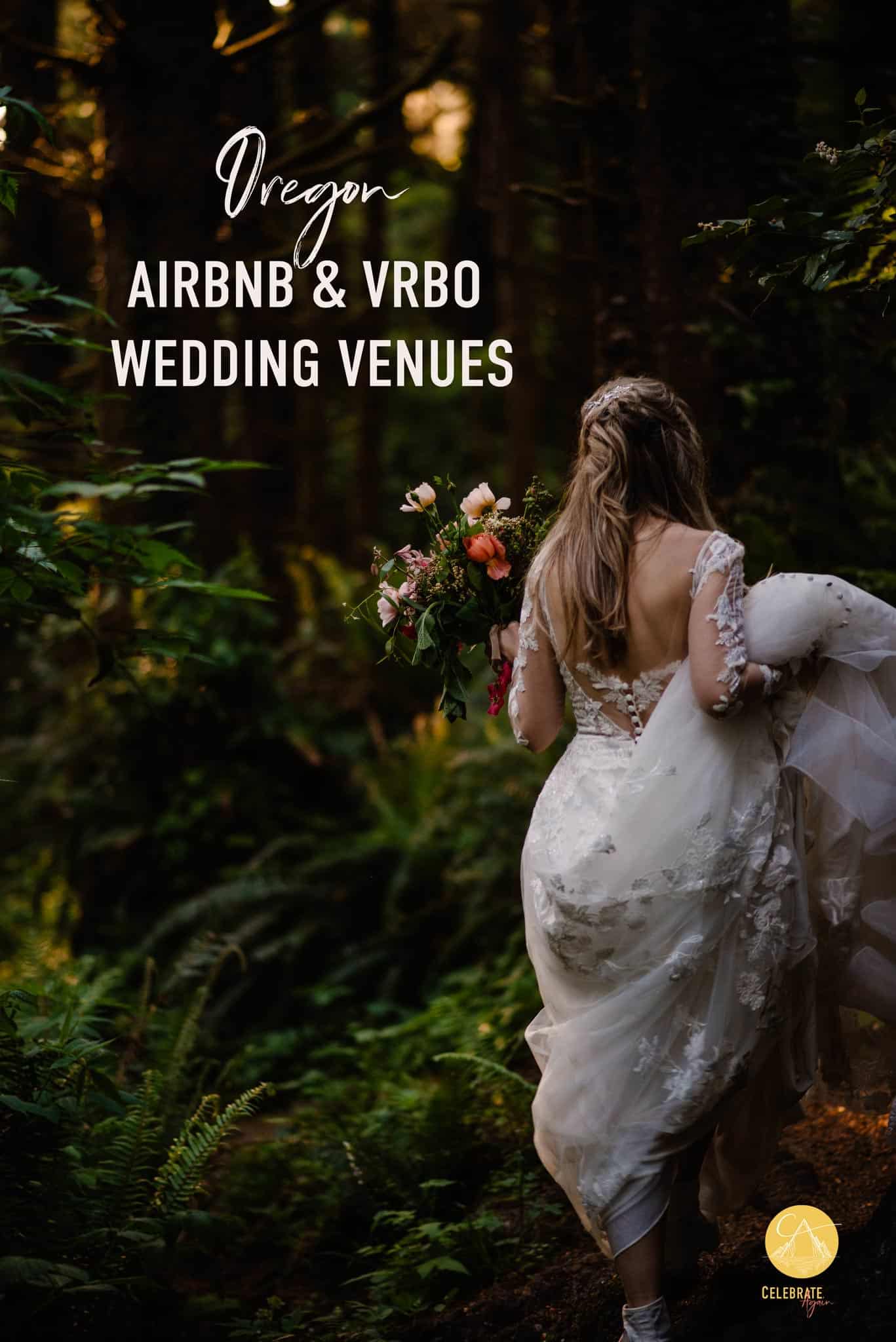 "oregon airbnb & vrbo wedding venues" female in woods holding wedding dress