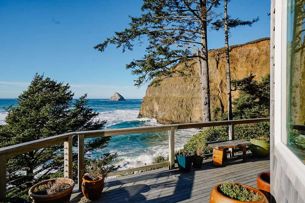 cliff side ocean views from a patio deck with planters