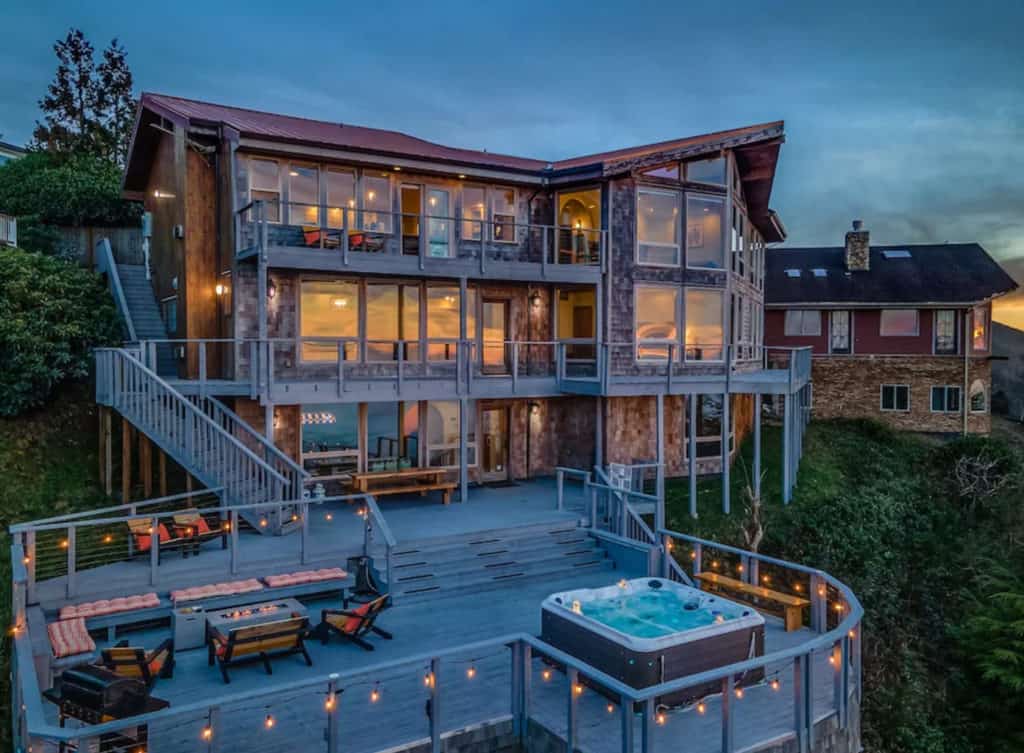 three story beach mansion with large deck and hot tub on the ocean front perfect airbnb wedding venue in oregon