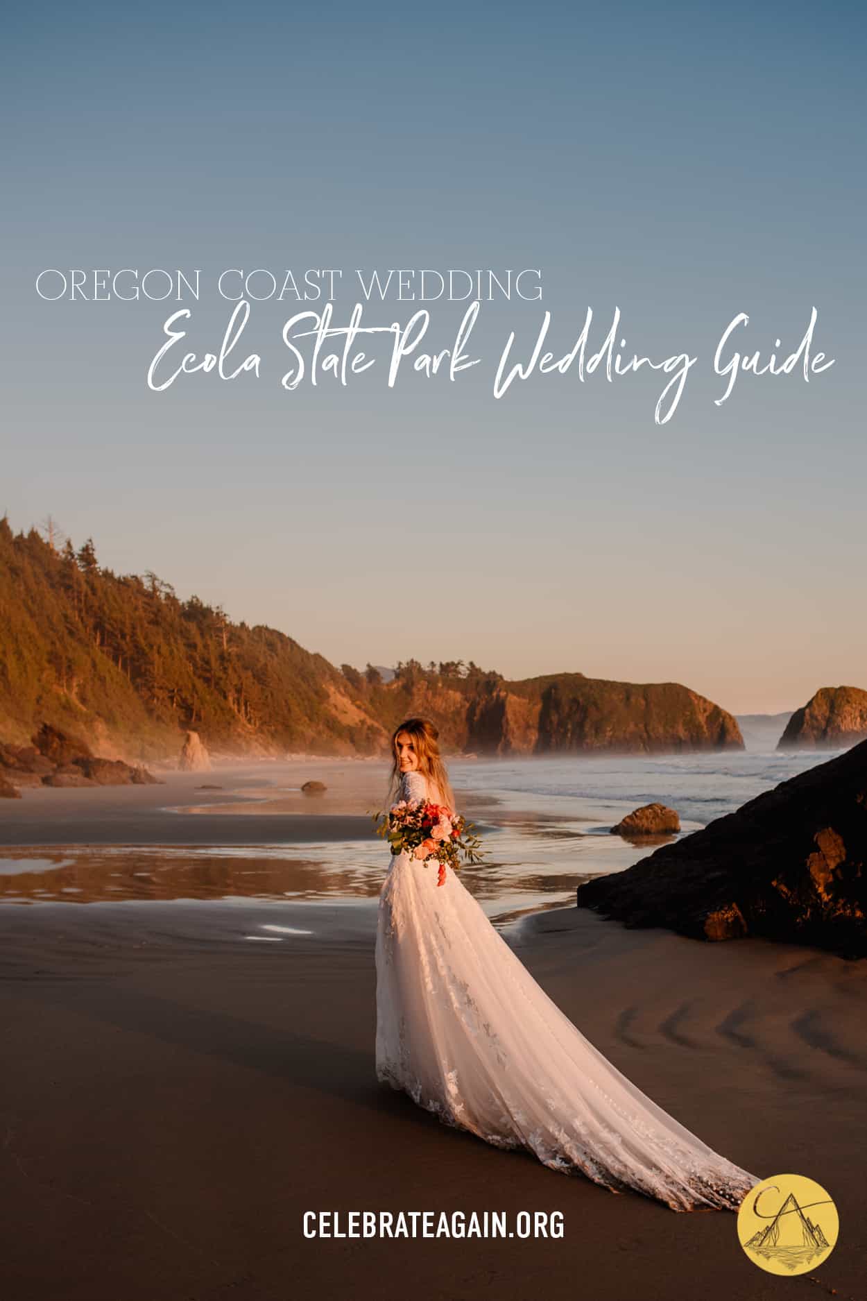 "oregon coast wedding ecola state park wedding guide" bride on beach with sun lighting her up