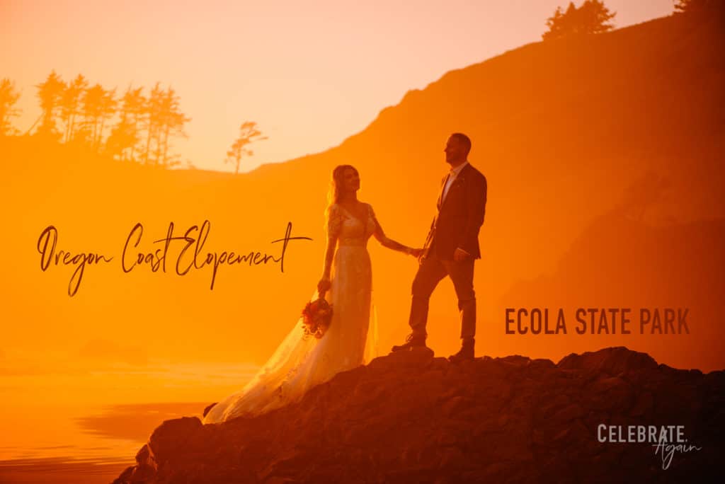 "Ecola State Park wedding Oregon Coast Elopement" view of couple standing on a rock with the Oregon coast shoreline in the background and the light is turned orange from the sun setting