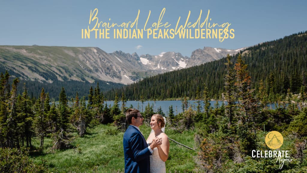 "Brainard Lake Wedding in Indian Peaks Wilderness" couple dancing with mountains and alpine lake behind them