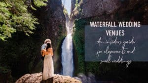"waterfall wedding venues an insiders guide for elopements and small weddings" photo of a couple snuggling on top of a rock with a waterfall in front of them