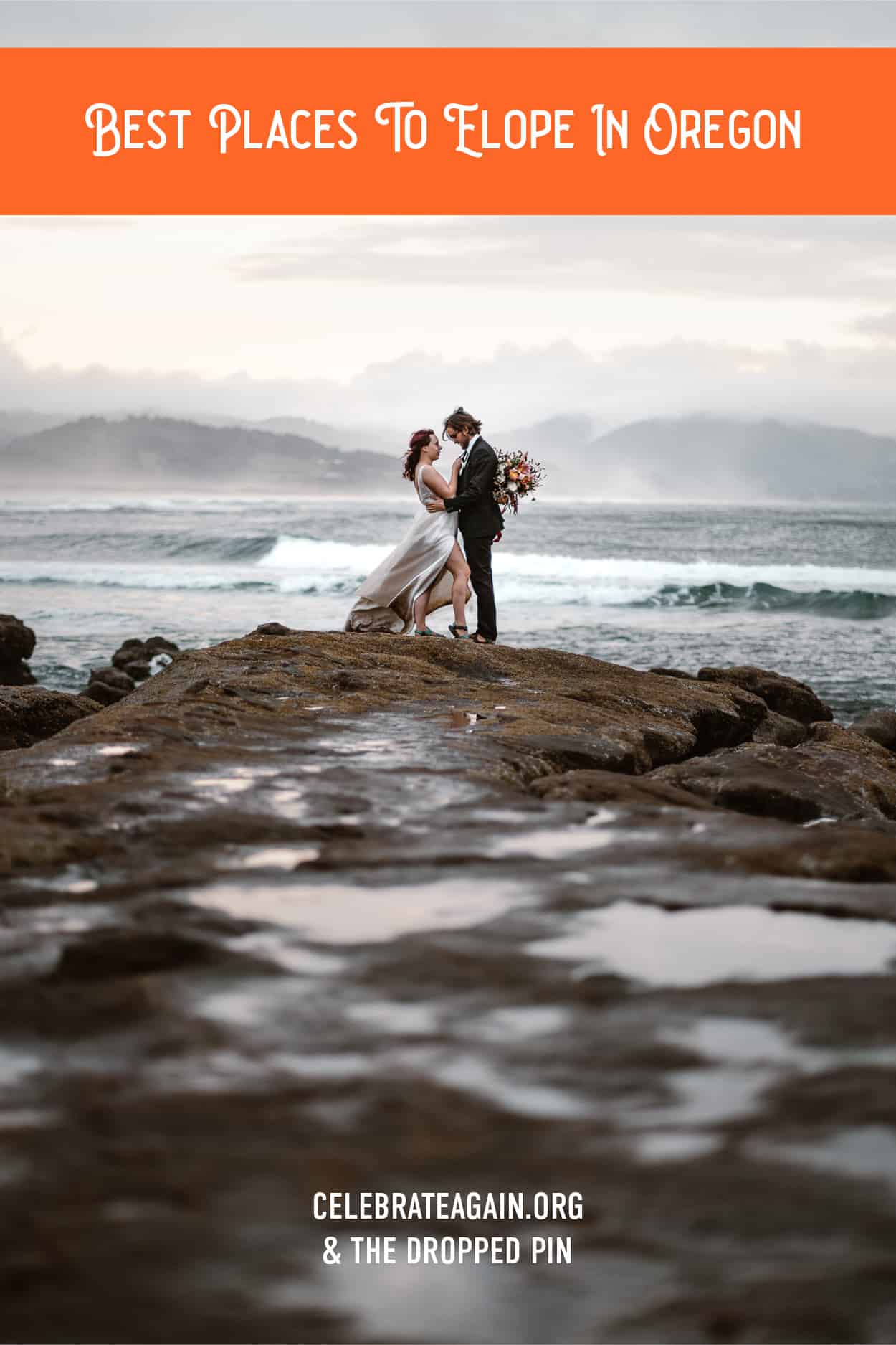 text "best places to elope in Oregon" Couple embraces on reflective tide pools in their moody Oregon Coast elopement locations