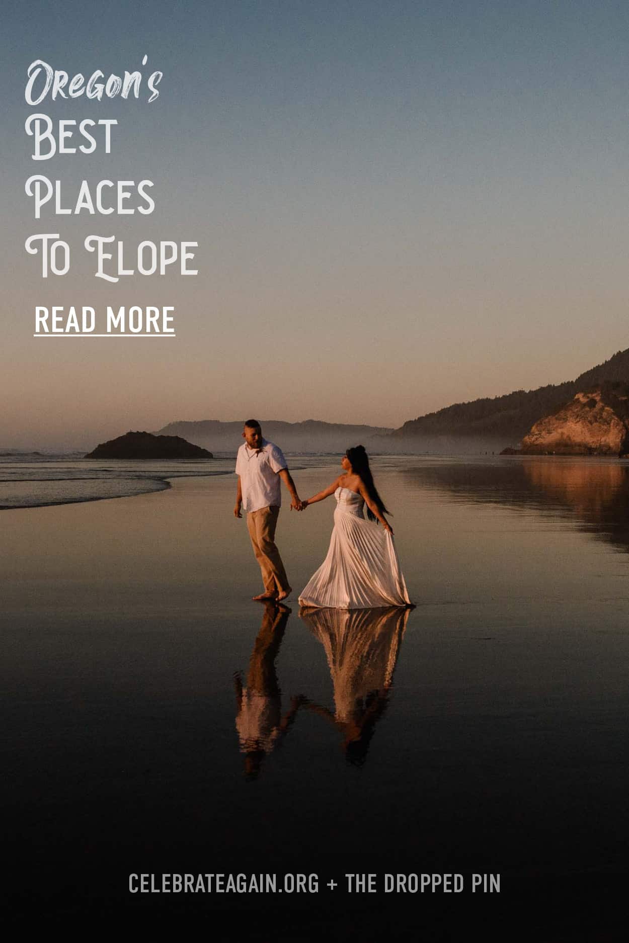 text "Oregon's best places to elope read more" Couple explores the coast after their elopement during sunset