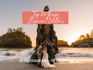 best places to elope header image "top 20 Oregon elopement locations" couple standing on the sands with waves behind them and sea rocks and sunset