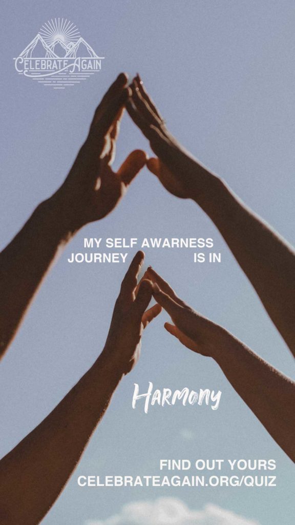 "my self awareness journey is in in harmony find out yours celebrateagain.org/quiz" hands touching each other in the sky