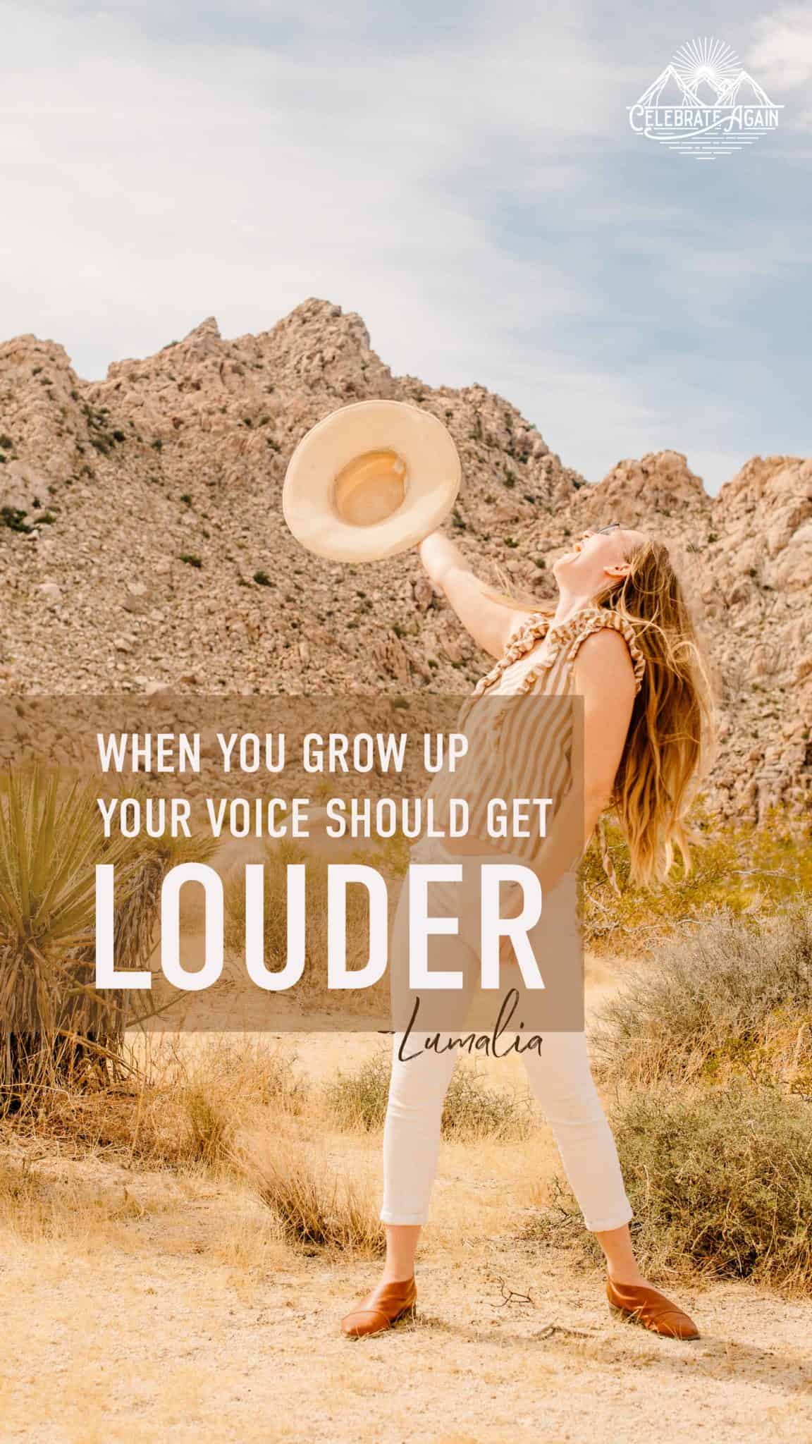 "when you grow up your voice should get louder" Lumalia standing with arms open and shouting with a hat in her hand by a desert landscape