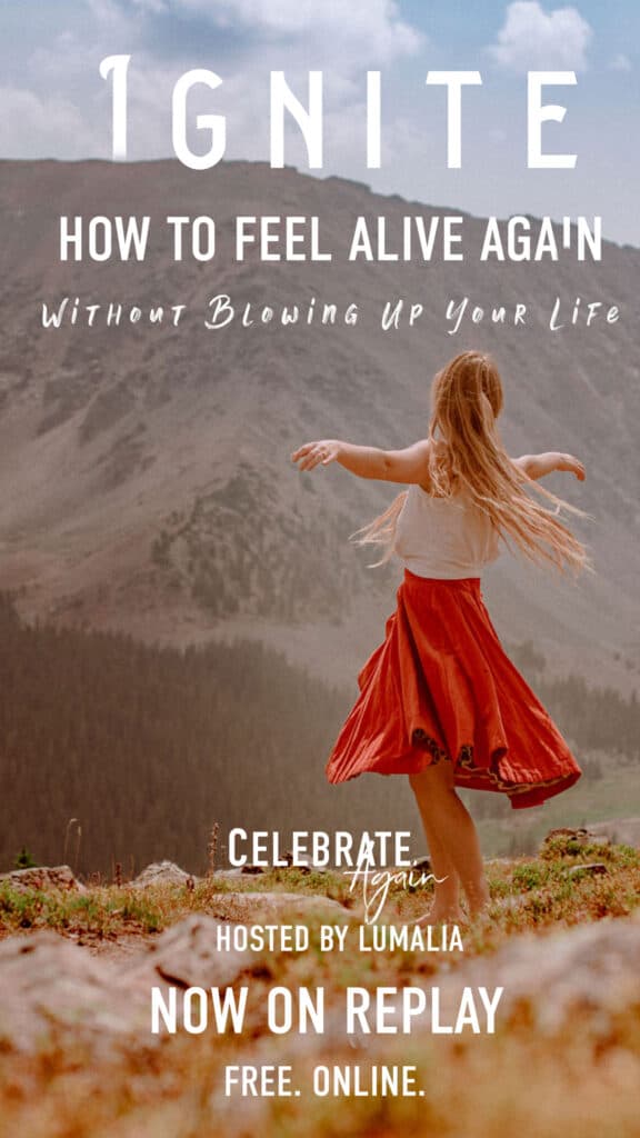 woman in mountian spinning on how to feel alive without blowing up your life in red dress with text of date june 4