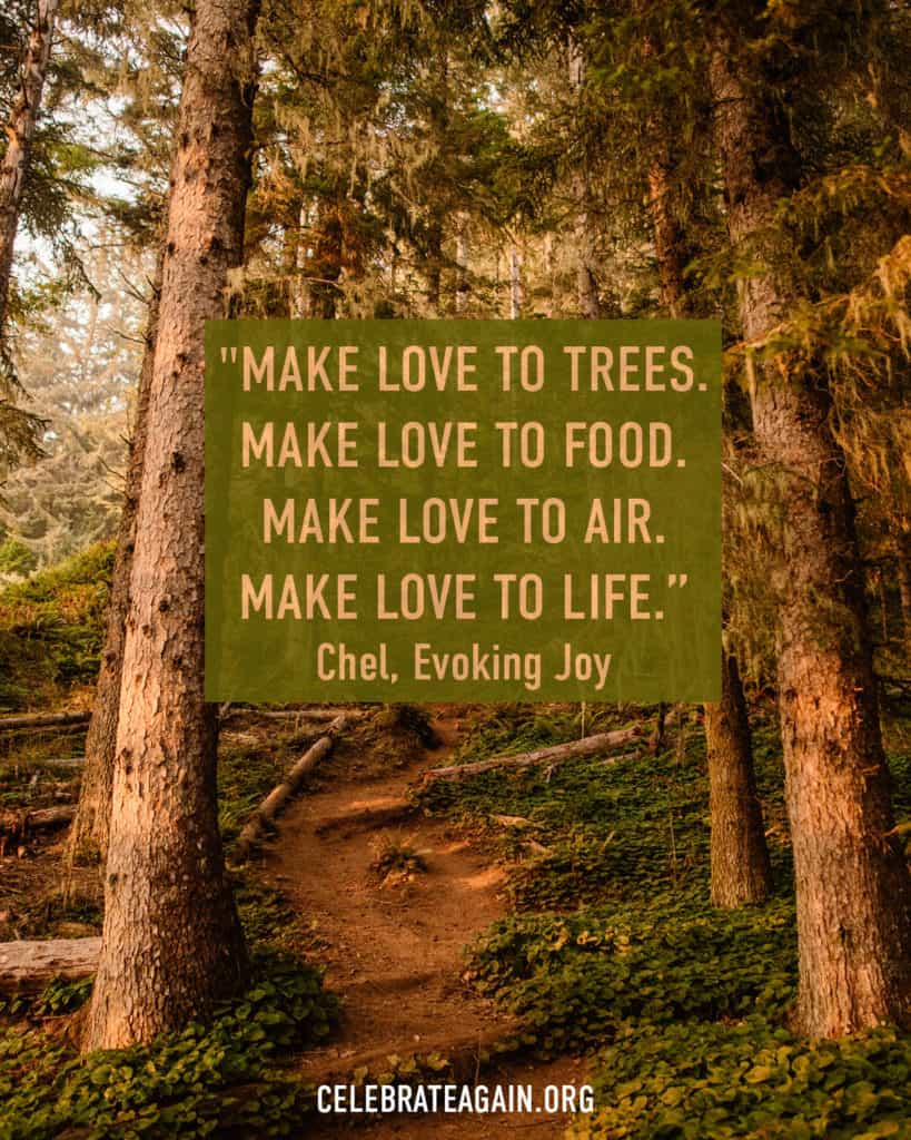 "make love to trees make move lot food make love to air make love to life" chel, Evoking Joy over trees in the forest