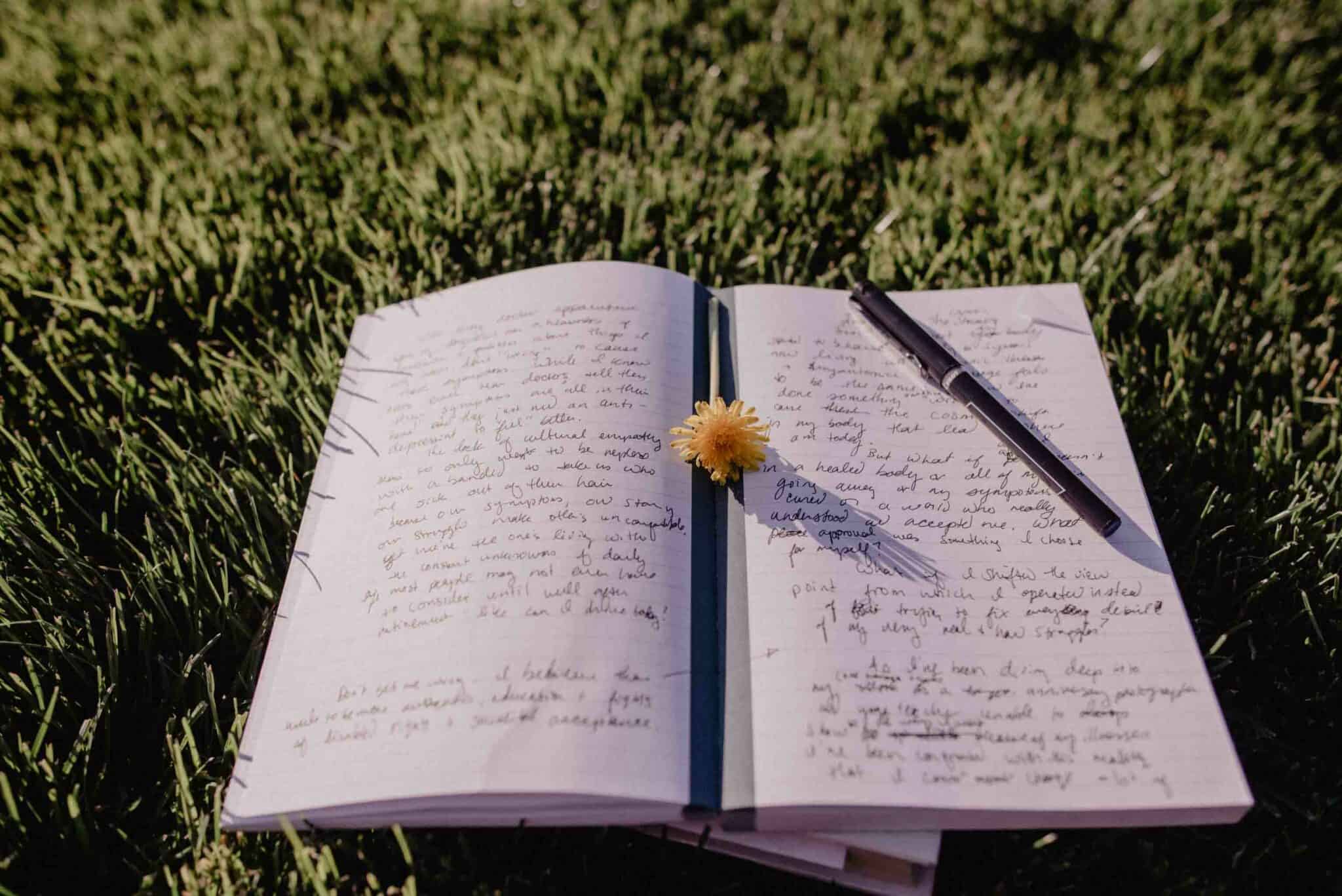 journal for a 30 day self care challenge with a flower in the middle and pen laying on grass