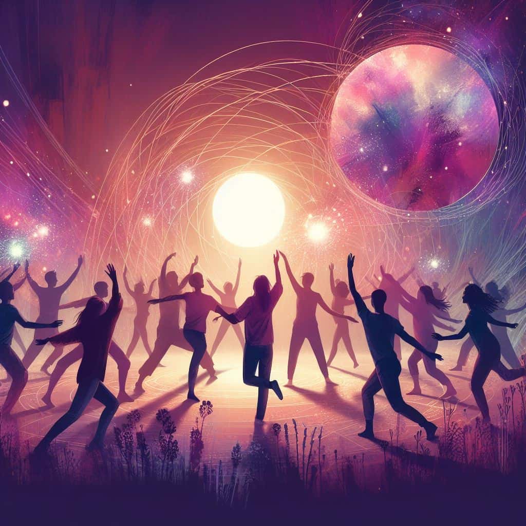 somatic movement class with a group of diverse people with sunset-like mauve dark purple and blue feels and beautiful sparks flying between people as they make two circles some people in the middle and others on the outside