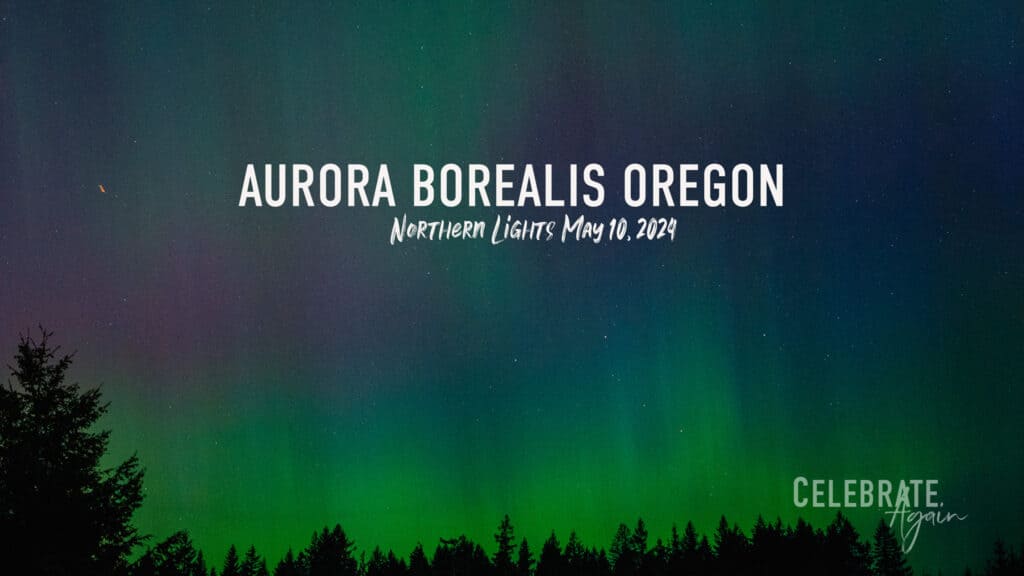 aurora borealis oregon northern lights oregon may 2024 view of green and purple and blue lights above a tree line in Oregon