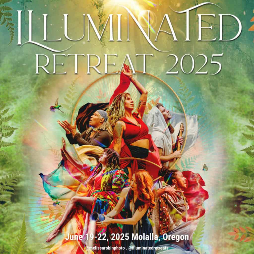 healers and movers from all different sects of life gathering together to create with title "illuminated retreat 2025" for a welllness retreat in Oregon