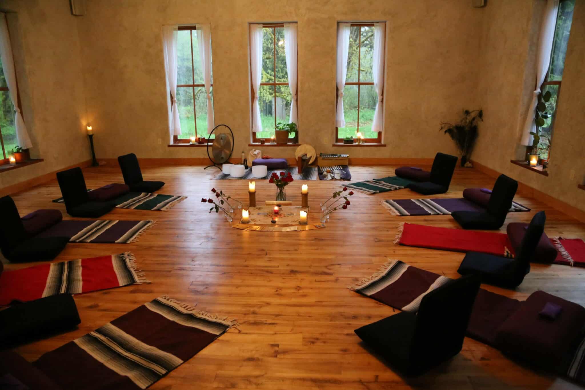 sitting area of a womens retreat around a circle with chairs at a wellness retreats in oregon