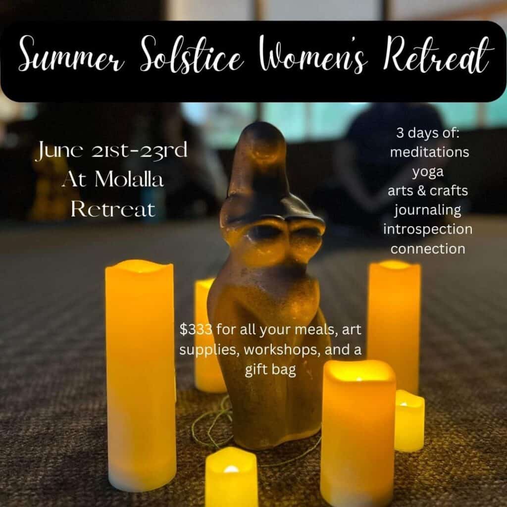 wellness retreats in Oregon Summer solstice women's retreat text over a woman's body shape statue and candles around it