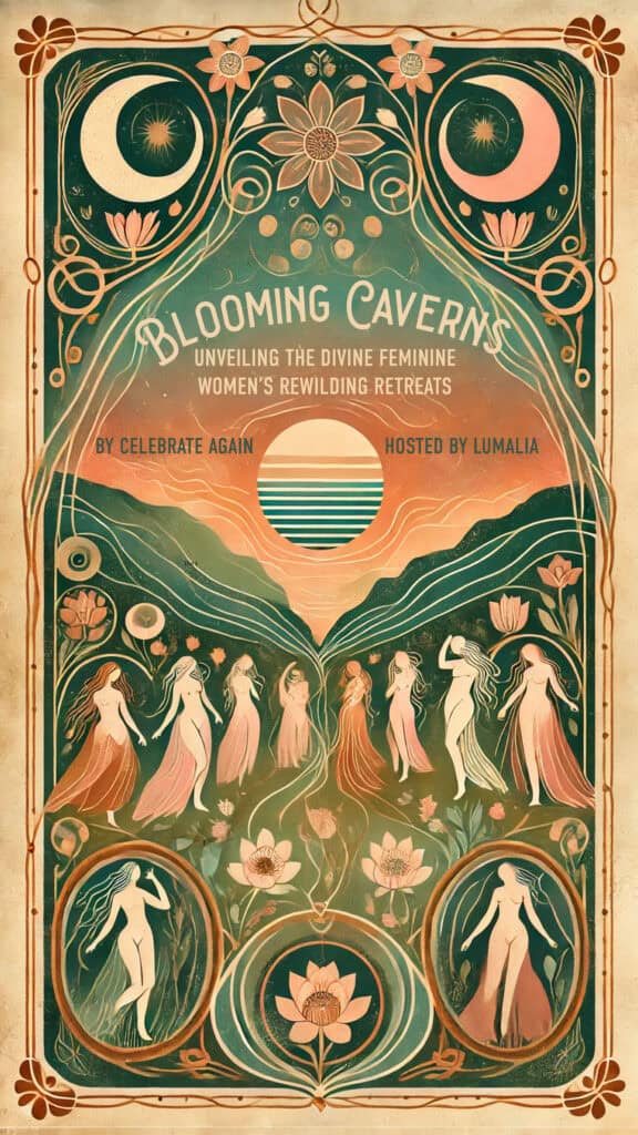 blooming caverns women's retreats over a folk art background