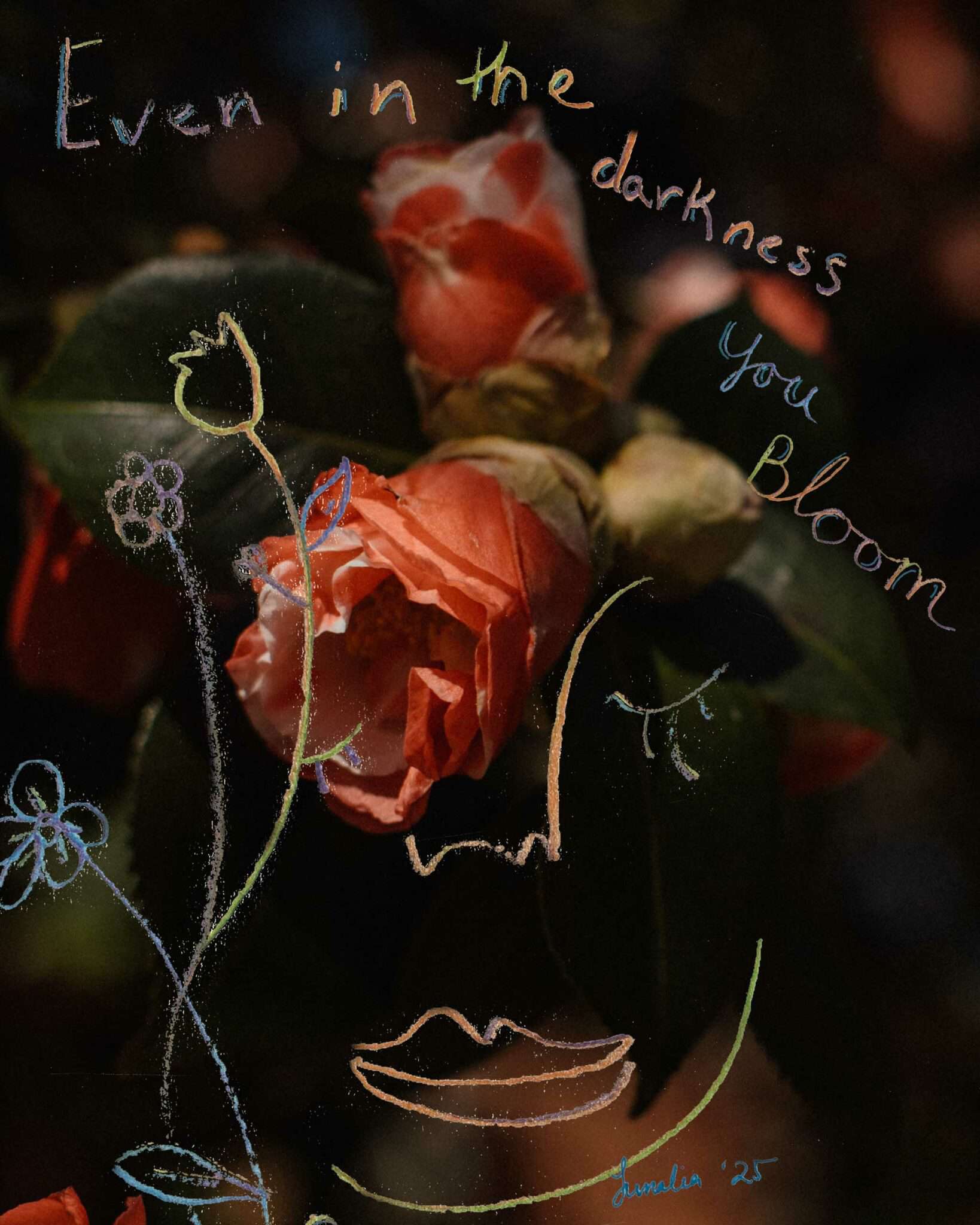 camellia flower in bloom with artwork over and text hand written that says even in the darknness you bloom for the Camellia retreat replay