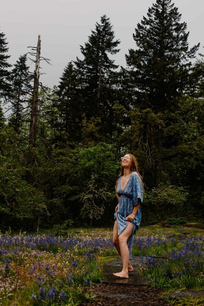 Lumalia in a camas field in an emotional pose during a rage retreat