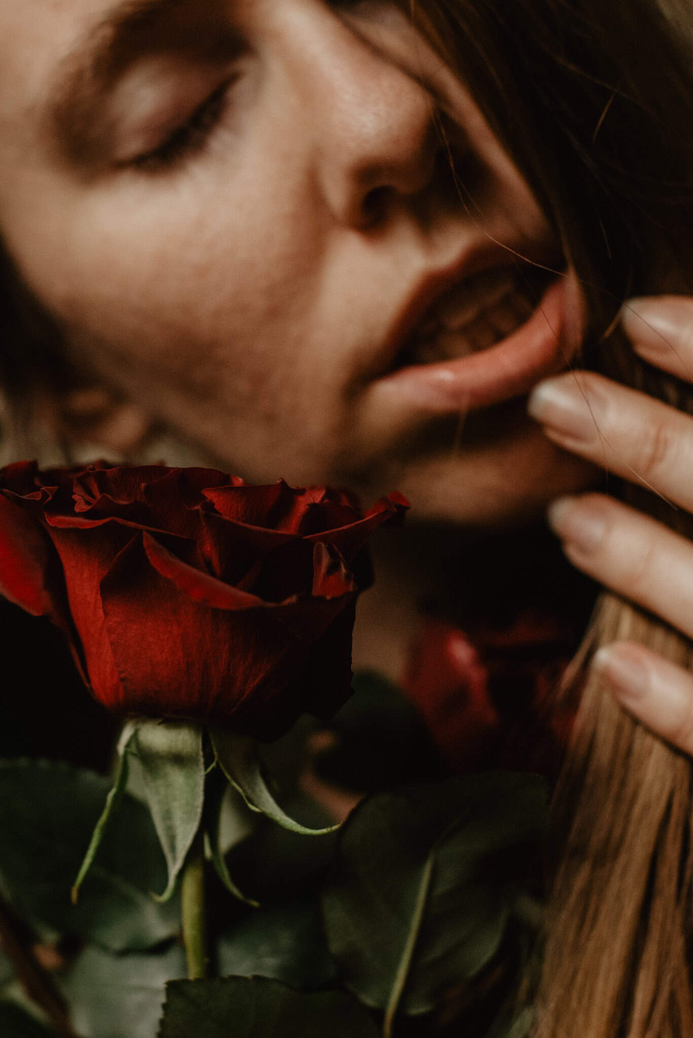 Roses with a woman touching her mouth flirting with the void