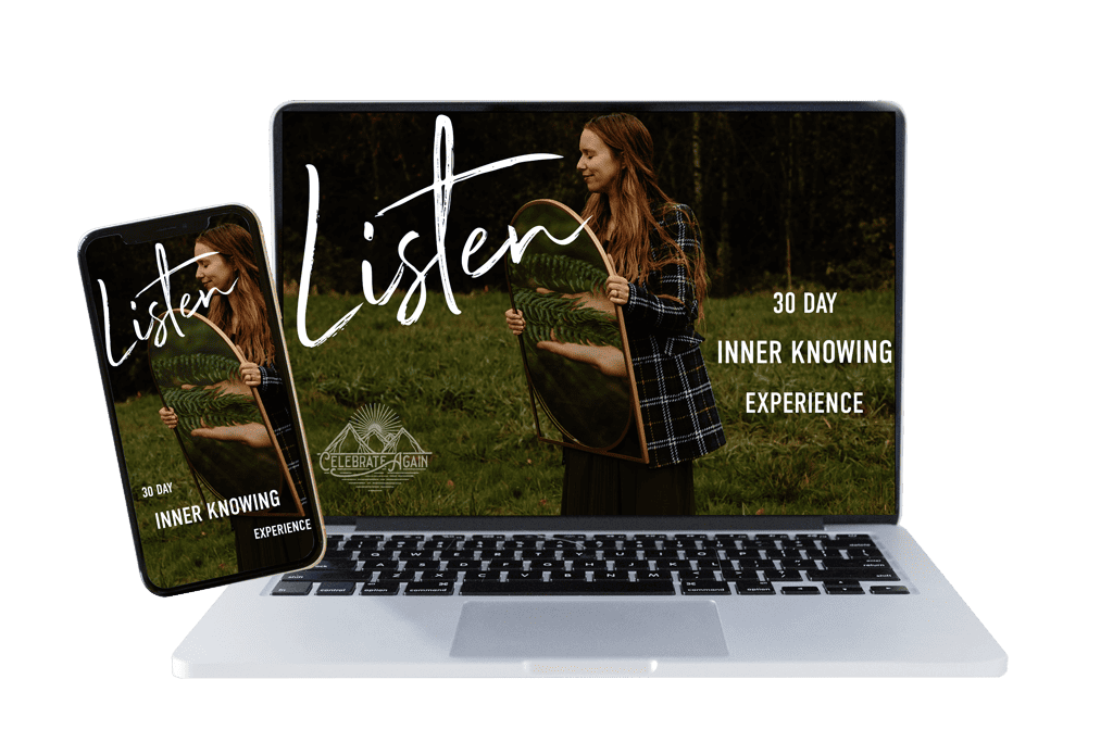 30 day meditation challenge "Listen 30 days innner knowing experience" image with Lumalia holding up a mirror in a green field inside a laptop and phone