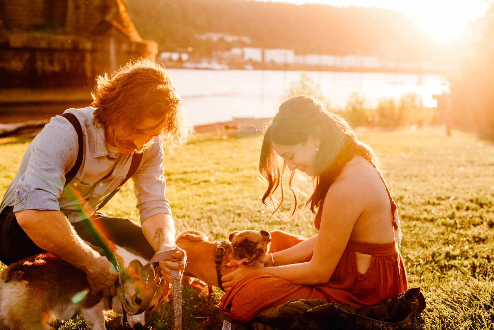 couple sitting on grass playing with their dogs in Cathedral Park during engagment photos