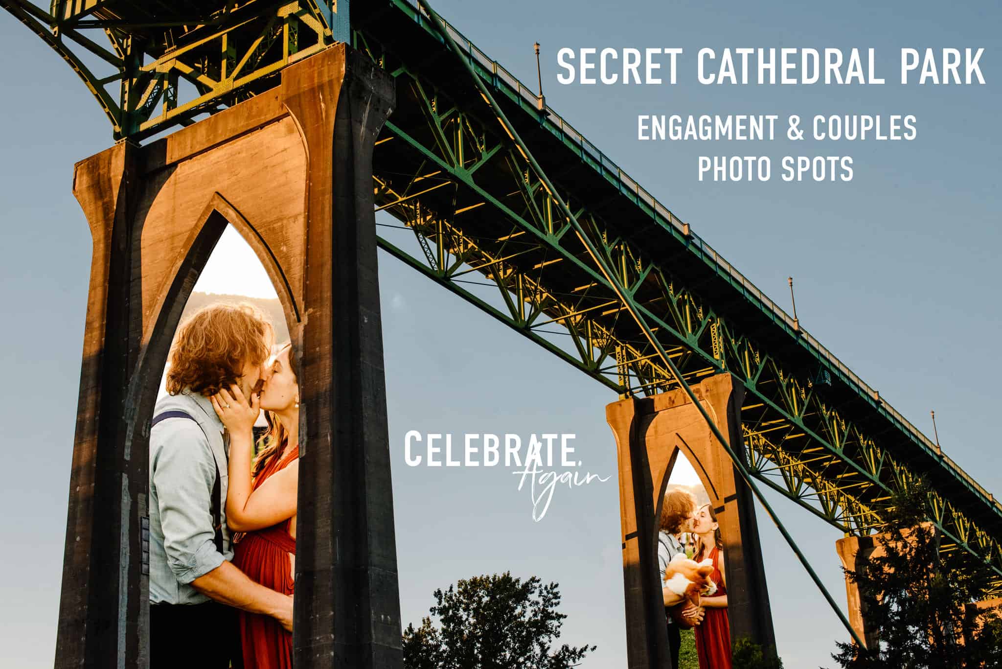 cathedral park engagment photos place inside St. John's Bridge in Portland Oregon with text over that says "secert cathedral park engagemnet and couples photo spots"