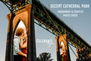 cathedral park engagment photos place inside St. John's Bridge in Portland Oregon with text over that says "secert cathedral park engagemnet and couples photo spots"