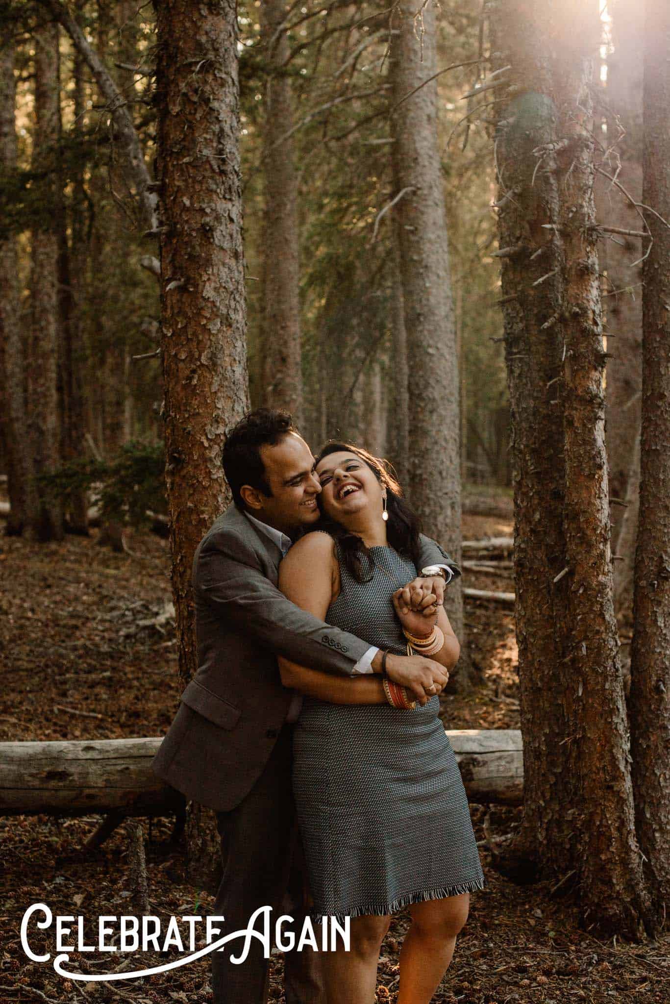 couple in the forest at a engagement photo location in Portland, Oregon with Celebrate Again