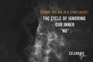 "Imagine you are in a straitjacket the cycle of ignoring your inner no" text over Lumalia in a black and white wave and star lights as she moves through ignoring your intuition