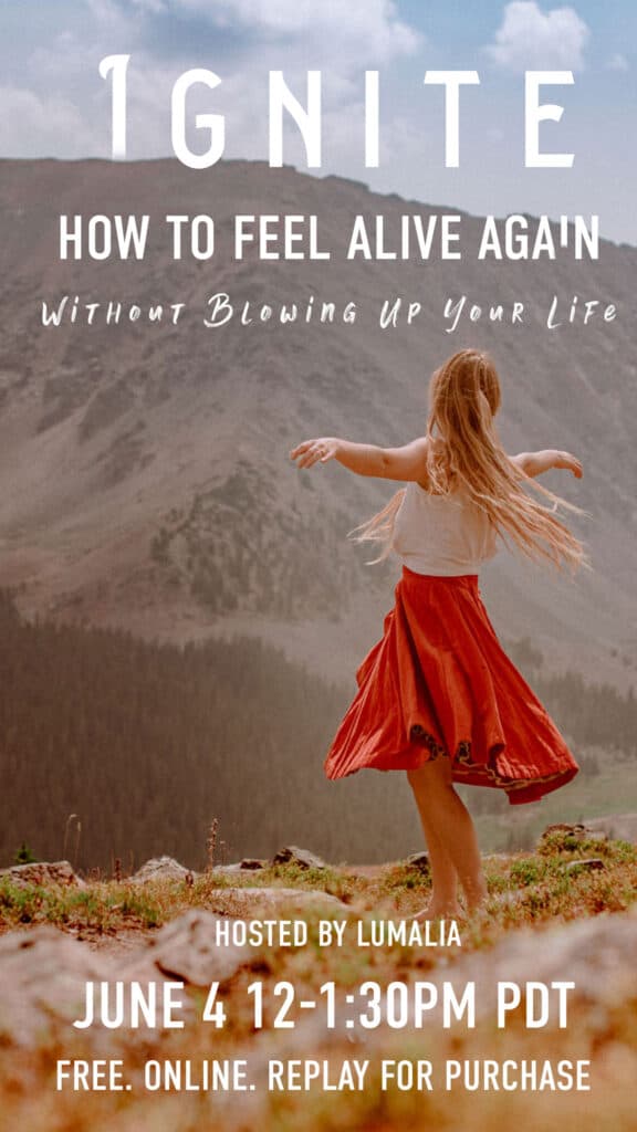 woman in mountian spinning on how to feel alive without blowing up your life in red dress with text of date june 4