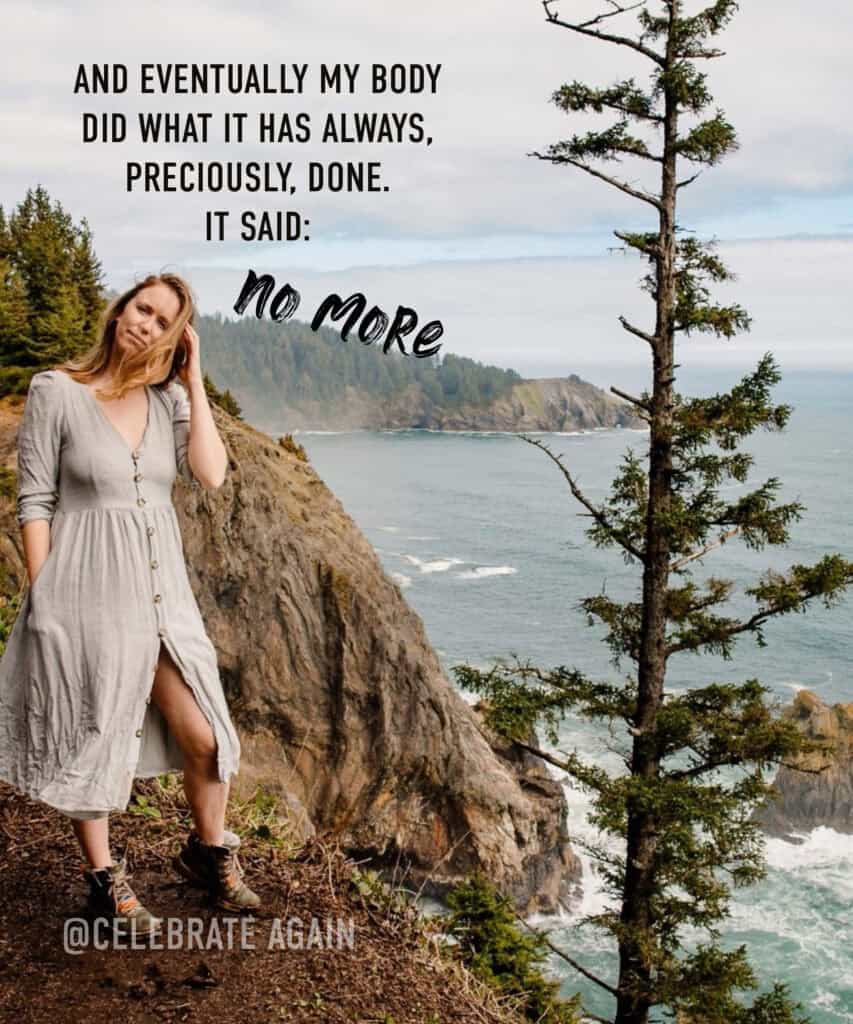 "And eventually my body did what it has always, preciously, done. It said: no" Lumalia standing on coast looking out in gray dress and reflecting on Self-Abandonment in Relationships